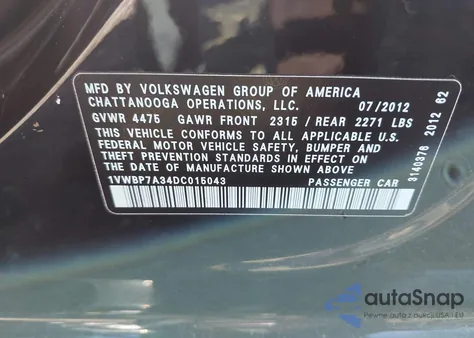 2013 Volkswagen Passat 2.5L Se from USA, damaged, VIN 1VWBP7A34DC015043